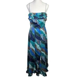 Hutch Anthropologie Blue Green Abstract Print Ruffle Strappy Midi Dress Size 4